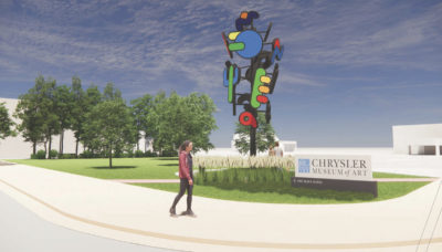 This rendering and site design by Work Program Architects for the Chrysler Museum depicts Jumbo Wumbo Technico by Tommy Fox.