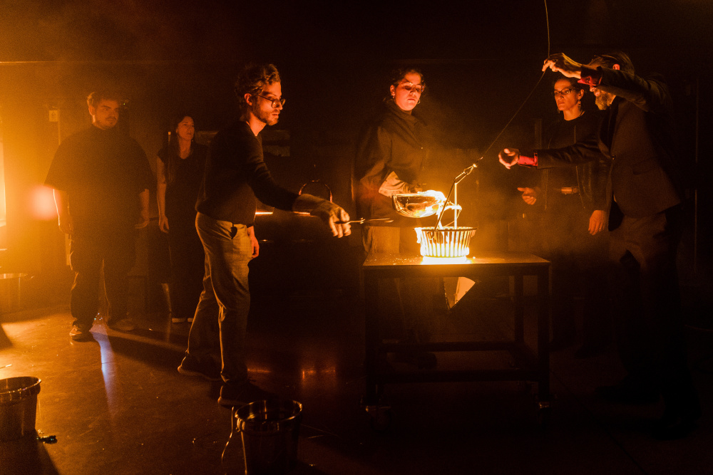 Glass Studio- molten glass poured into basket