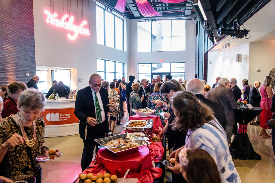Guests for Opening Celebration in Studio Lobby with Food and beverages