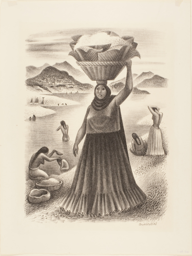 woman carrying basket on top of her head