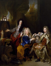 It is an early self-portrait of the artist, who sits at the right with his palette and brushes. The scene is in the artist's studio. There are three gentlemen wearing wigs replete with long curls.