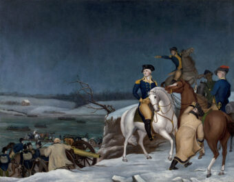 Oil on canvas painting depicting Washington at the Delaware River. In the background, troops row across icy waters; Washington sits on a white horse in the foreground on the right side of the canvas.