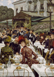 On the day before the opening of the annual Salon exhibition in France, artists applied a final coat of varnish to their pictures and adjourned to a café to celebrate. James Tissot’s painting depicts this ritual gathering on the terrace of the restaurant Ledoyen, a Parisian institution still today. The bustling scene includes portraits of several well-known artists like the sculptor Auguste Rodin, whose bearded, bespectacled face appears near the center of the painting. More than a portrait of the artists, however, Tissot’s work focuses on the stylish, urban women in attendance—the artists’ wives. One of the wives, in a maroon print dress, looks directly at the viewer.