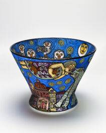 This blown glass bowl with its flaring rim, is reverse painted in transparent polychrome enamel with a dream image depicting a sleeping figure (the artist) floating over Olympia, Washington, against a brilliant blue star-studded sky with moon; three bears are on the ground, and five owls sit in fir trees.
