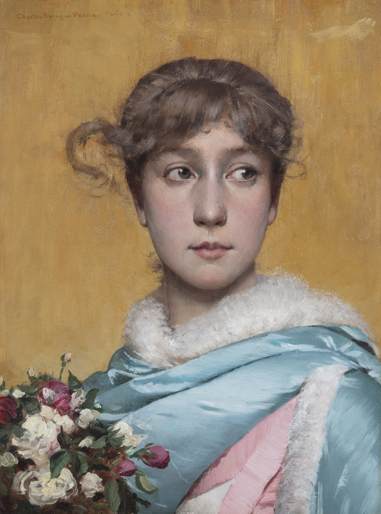 Oil painting of young lady holding flowers