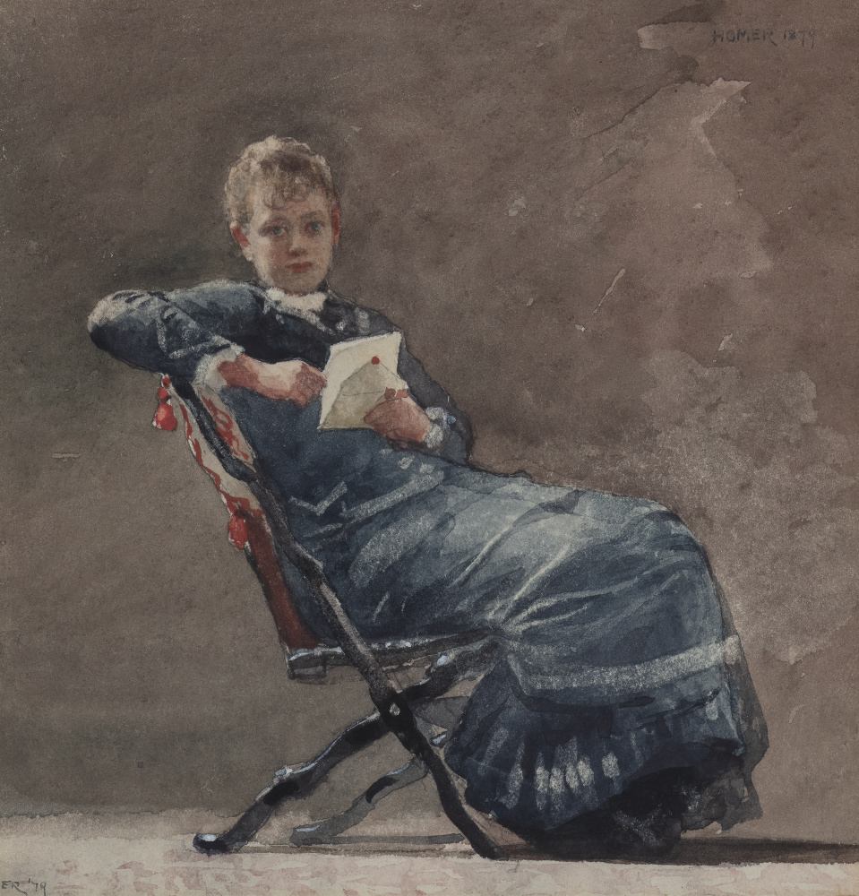 Watercolor of girl in blue dress sitting in a chair reading a letter