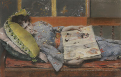 Pastel artwork of woman lying on a bench reading a book