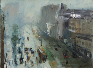 Oil painting of city scape with trolley car