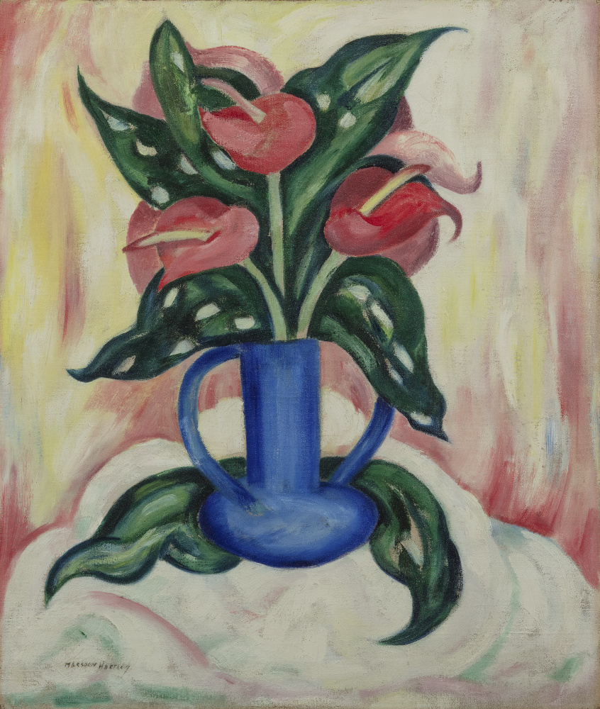 Oil painting of flowers in a blue vase