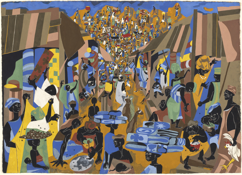 A vibrant painting of a Nigerian market scene by Jacob Lawrence