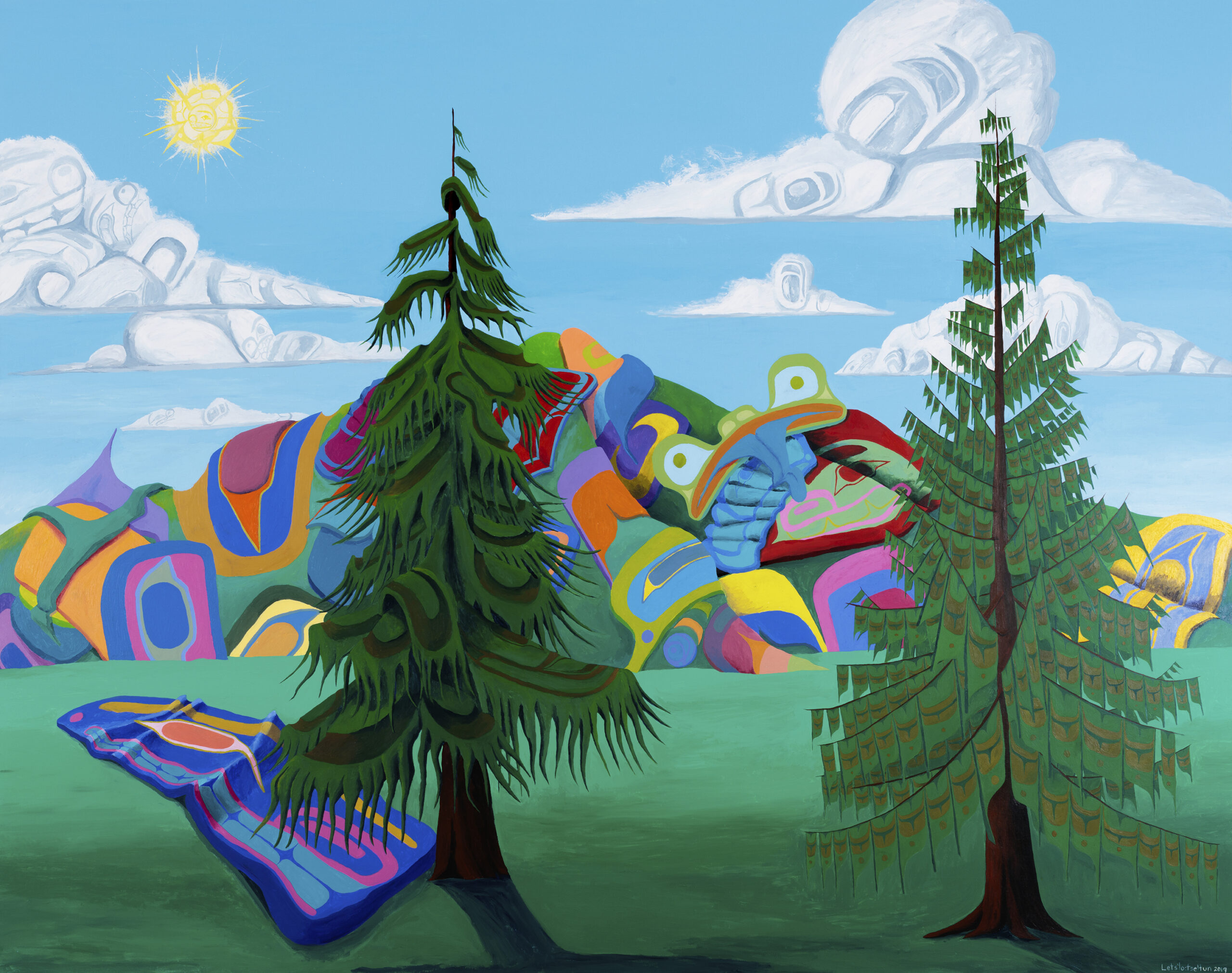 Lawrence Paul Yuxweluptun (b. 1957), New Climate Landscape (Northwest Coast Climate Change), 2019, Acrylic on canvas, McMichael Canadian Art Collection, purchase BMO Financial Group, 2020.10, Image courtesy of Sarah Macaulay