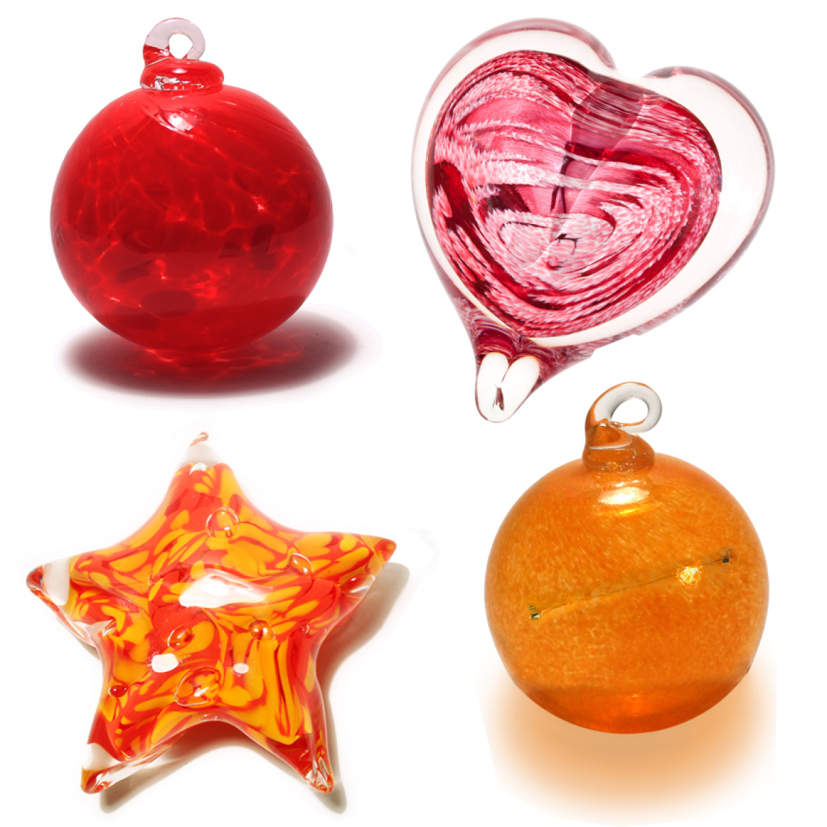 Red glass ornament, heart glass heart, orange glass starfish, orange ornament