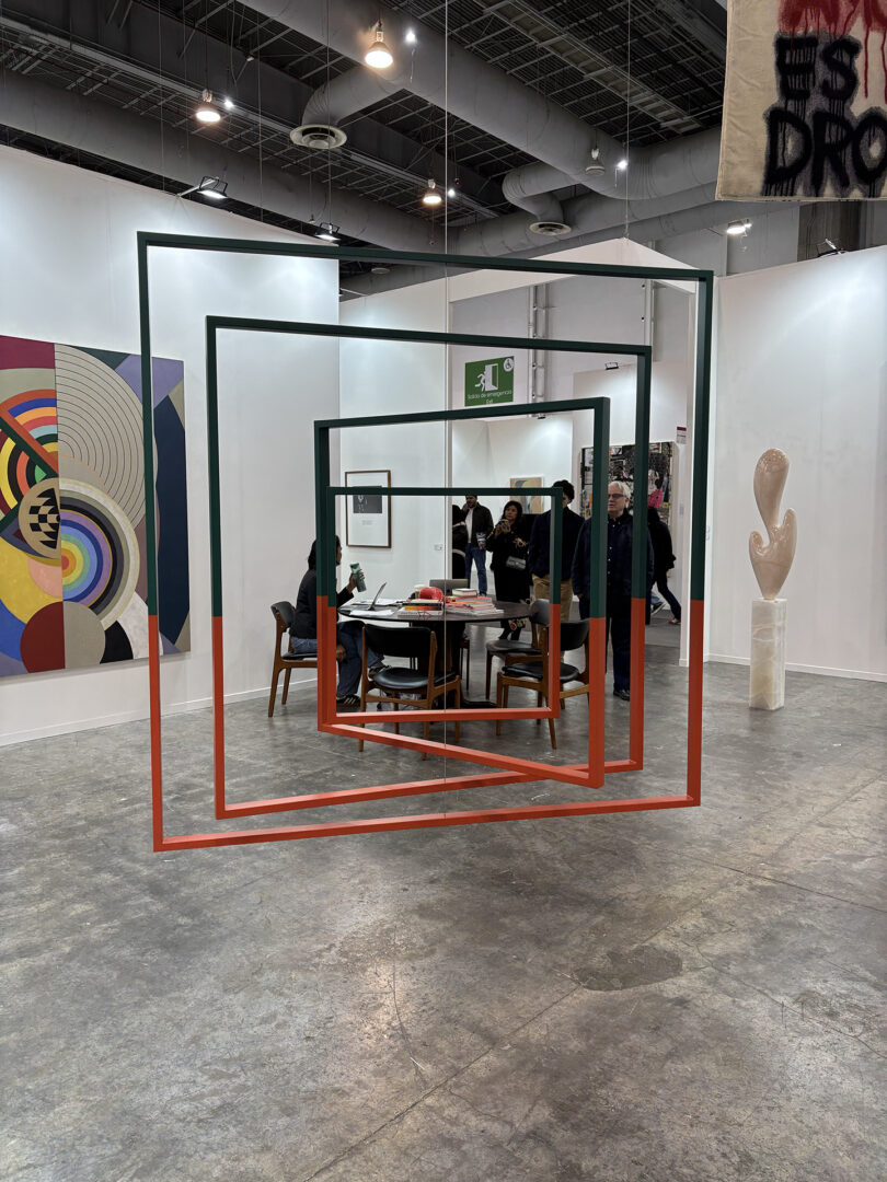 A sculptural piece made up of several squares.