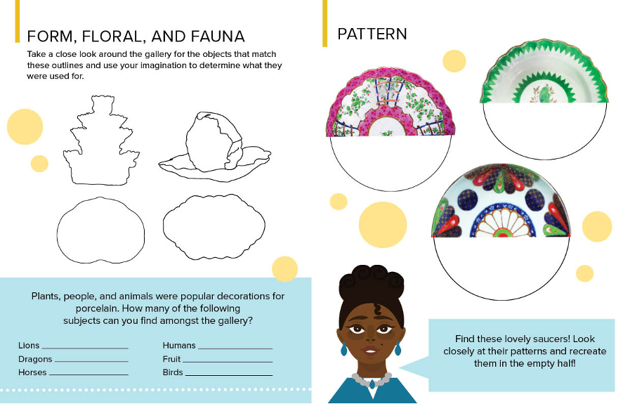 Porcelain Gallery worksheet where Lady Gray instructs you how to draw different china patterns and looks for different themes in the porcelain art.