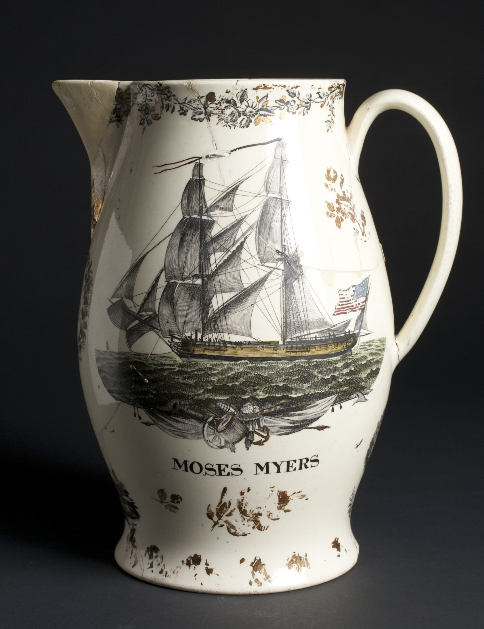 Pitcher with image of ship and Moses Myers across the front.