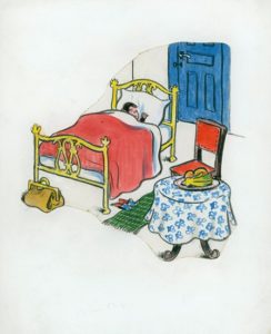 H. A. Rey, final illustration for “He crawled into bed and fell asleep at once”