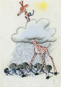H. A. Rey, final illustration for “George climbed up until he was in the sunshine again, high above the rain cloud