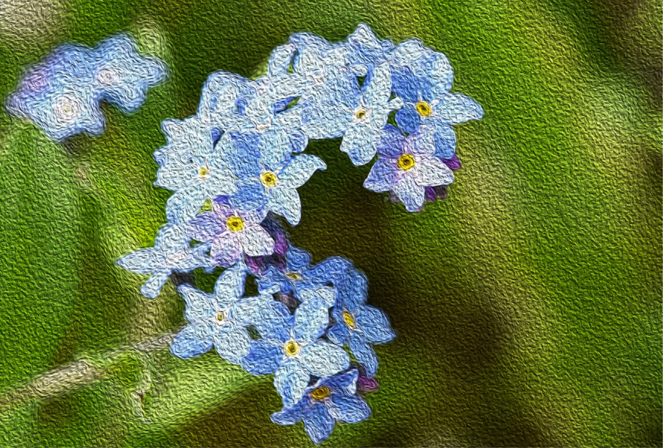 Blue Forget Me Not flowers embroidered on green fabric