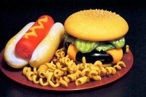 John Miller Hot Dog and Burger with Curly Fries on a Plate