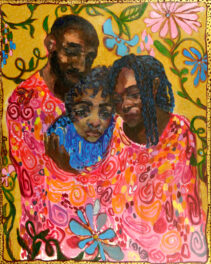Painting of parents and child on floral background