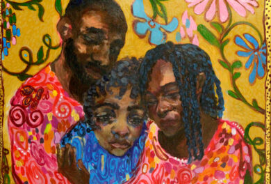 Painting of parents and child on floral background